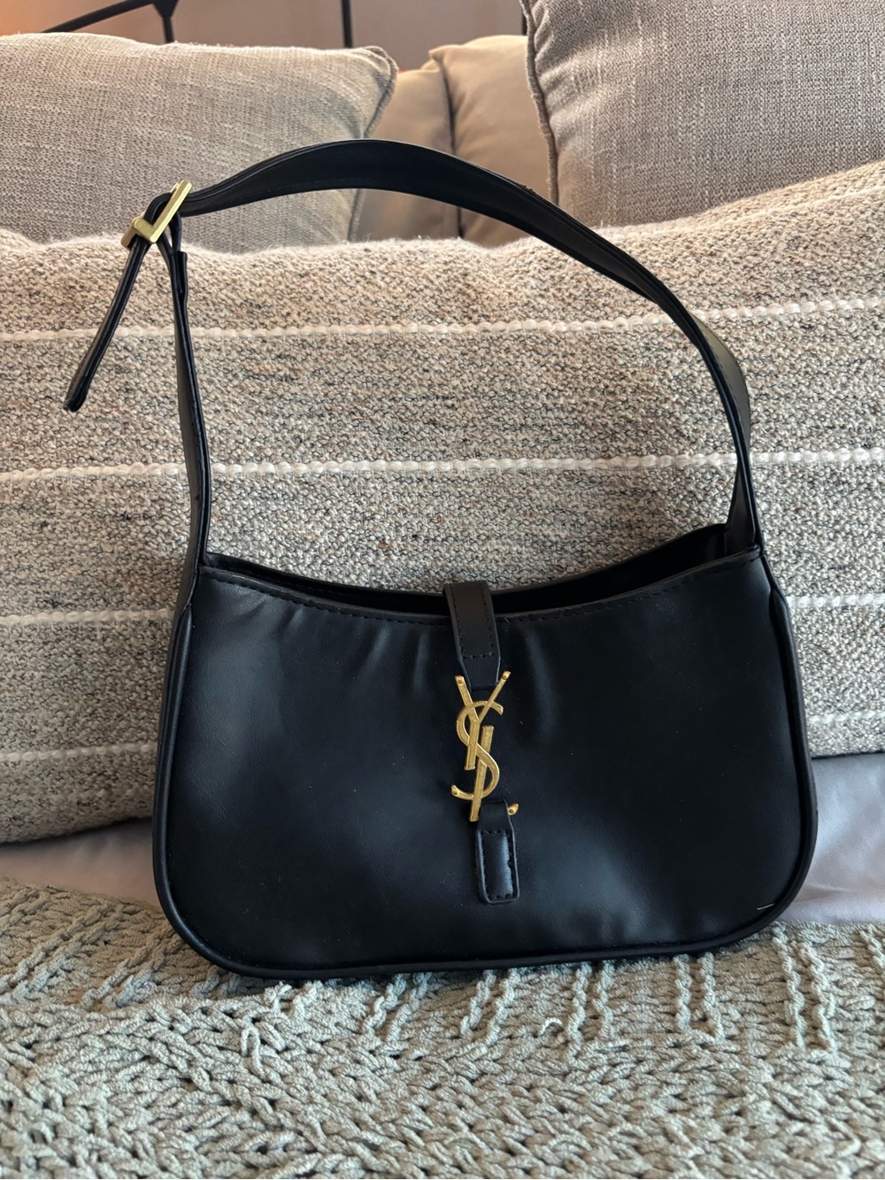 Black Leather Shoulder Bag with Gold Hardware